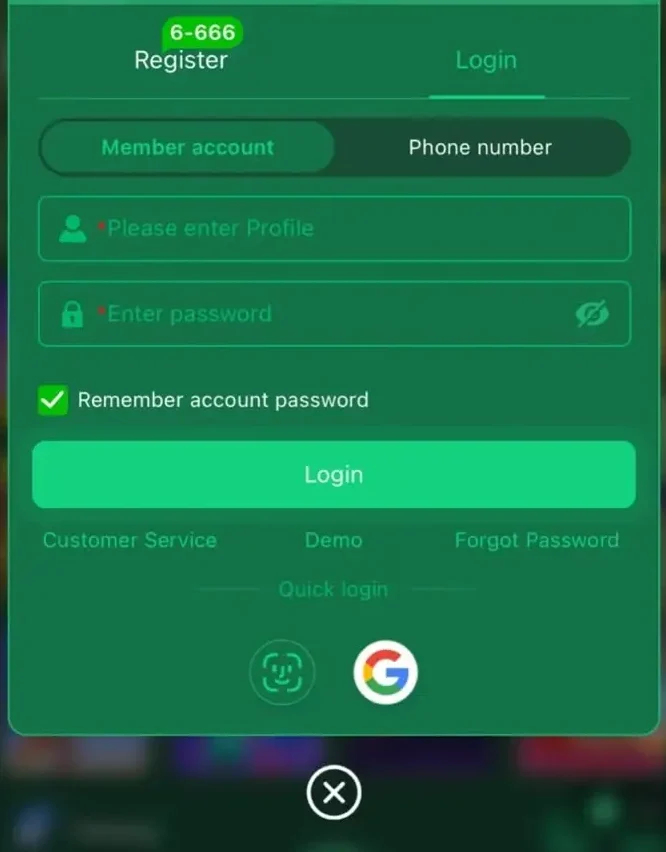 PK116 Game Registration and Account Login Screen
