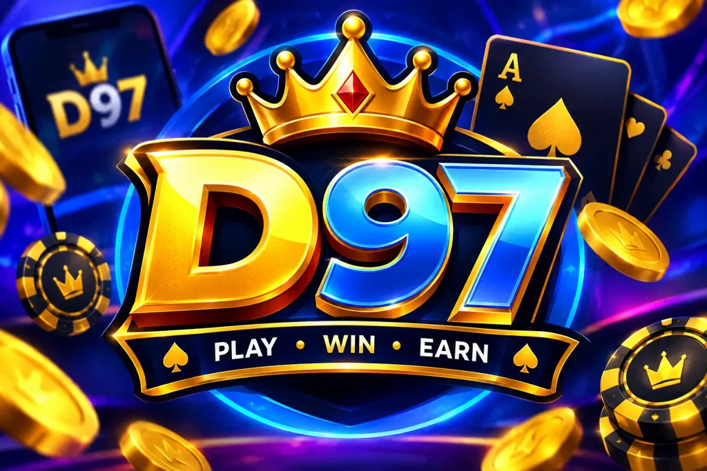 D97 Game official logo icon featuring a gold crown and playing cards