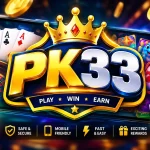 PK33 Game official logo icon with gold crown, playing cards, and play win earn text