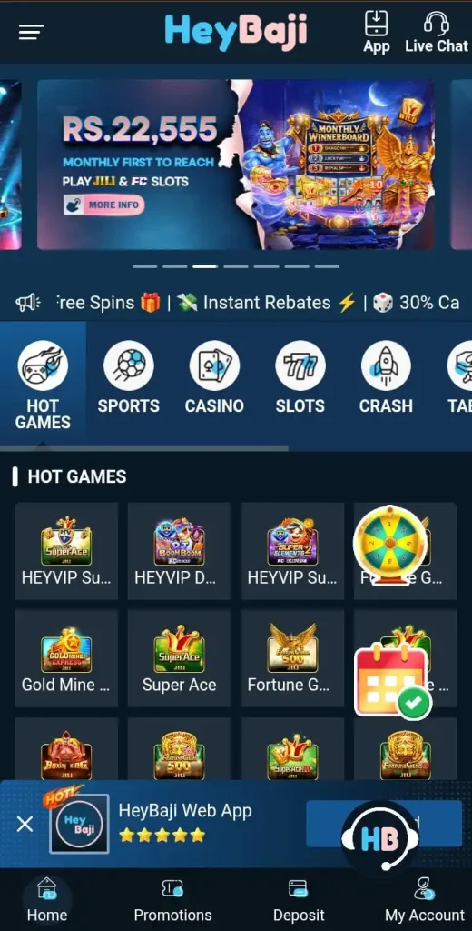 HEYBaji home screen dashboard displaying 25+ online earning games