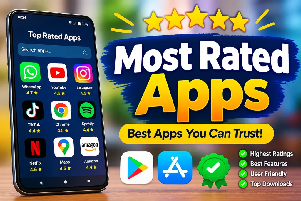 Most Rated Apps banner featuring popular Android app icons and yellow star ratings